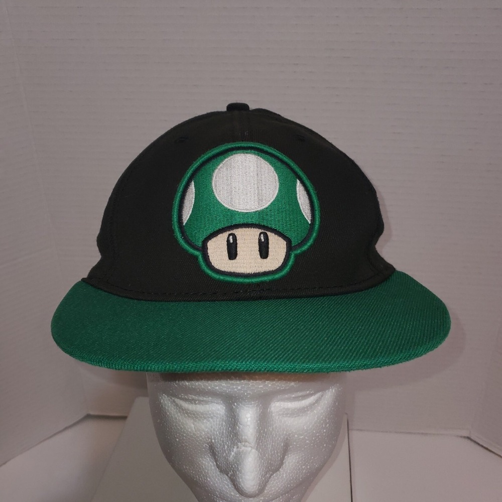 Super Mario Brothers 1-Up Mushroom Embroidered Hat, Stretch Cap, Black, Green